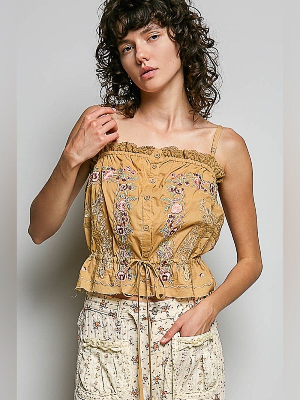 POL “ Storybook Stitch “ Cinch Tank | Sand Clay